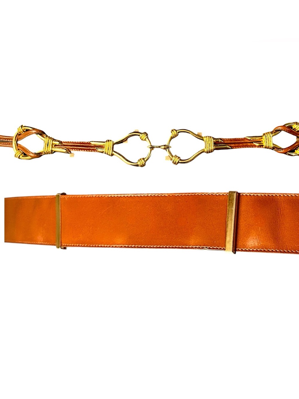 80’s Gold & Honey Brown Leather Dress Belt w/Horsebit Closure Sz 36 Argentina